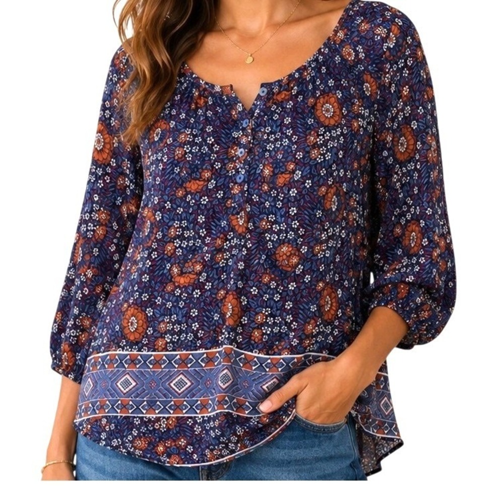 Cynthia Rowley Women Blue Floral Tunic Medium 3/4 Sleeve Boho Cotton Henley Top